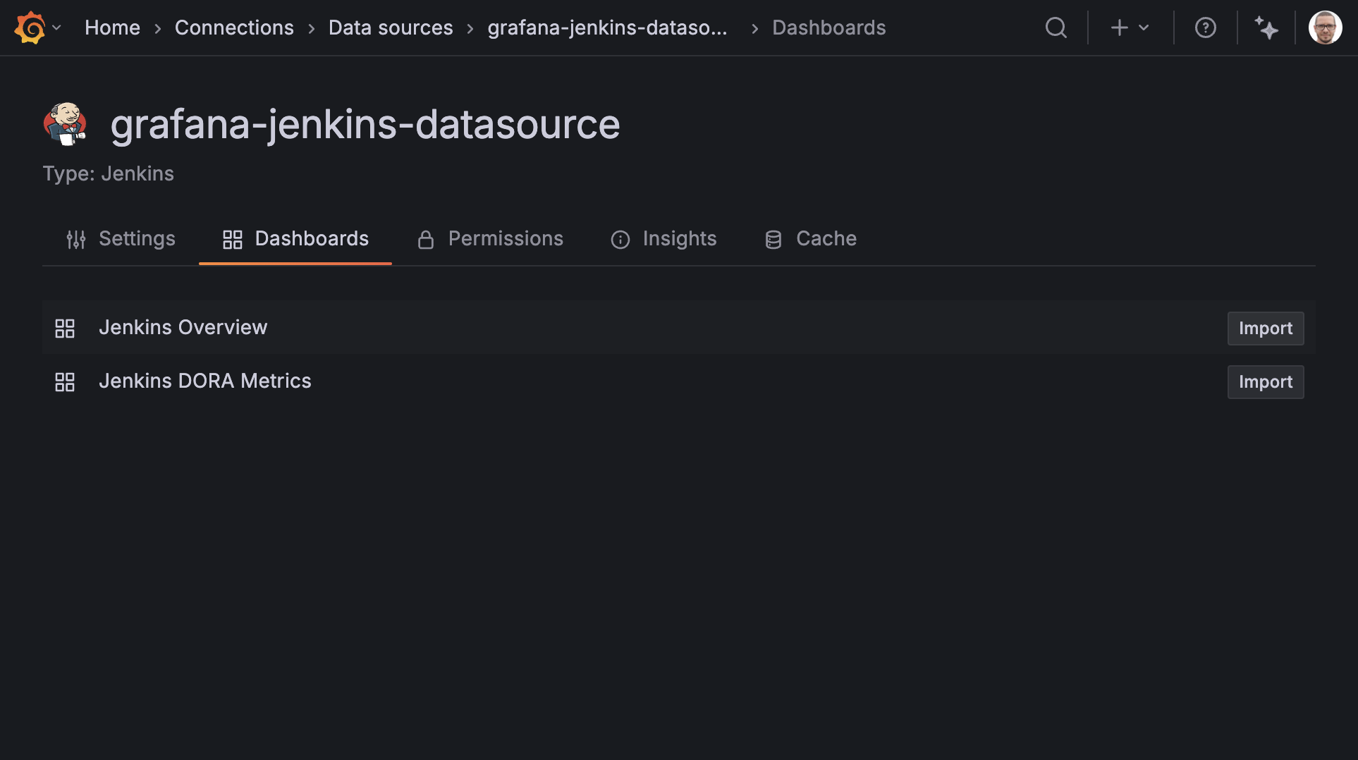 Jenkins Dashboards tab showing the available pre-built dashboards to import
