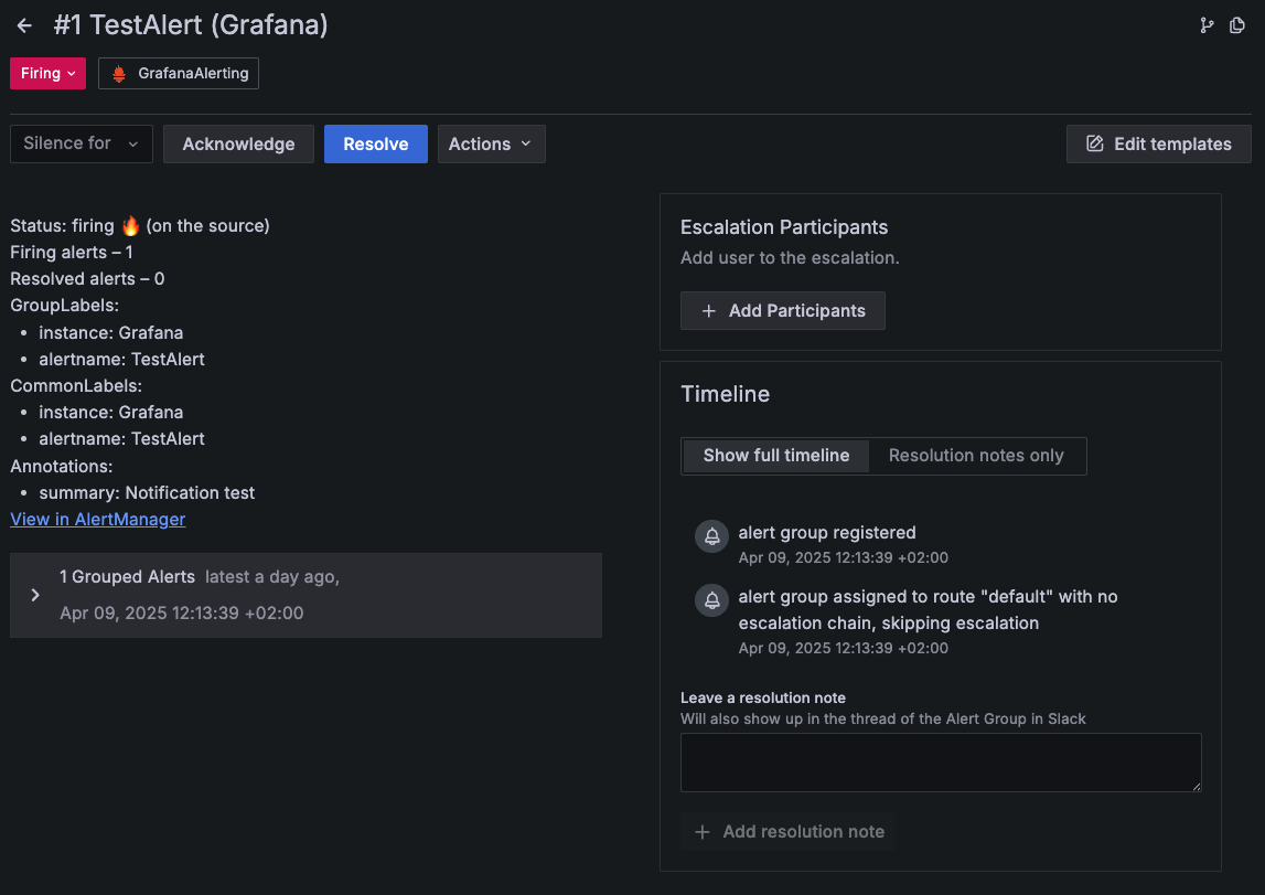 Example of a test alert group in Grafana IRM Example of a test alert group in Grafana IRM
