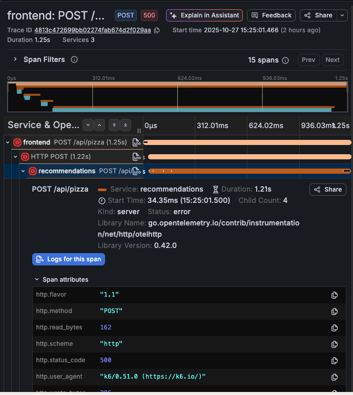 Select the down arrow next to the span with an error to see details