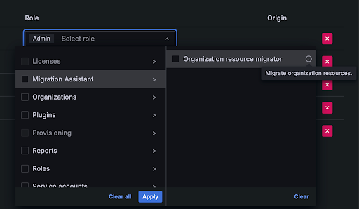 The Organization resource migrator role in the role picker