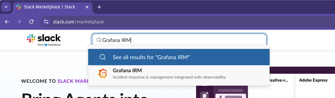Slack Marketplace search of the Grafana IRM Slack app