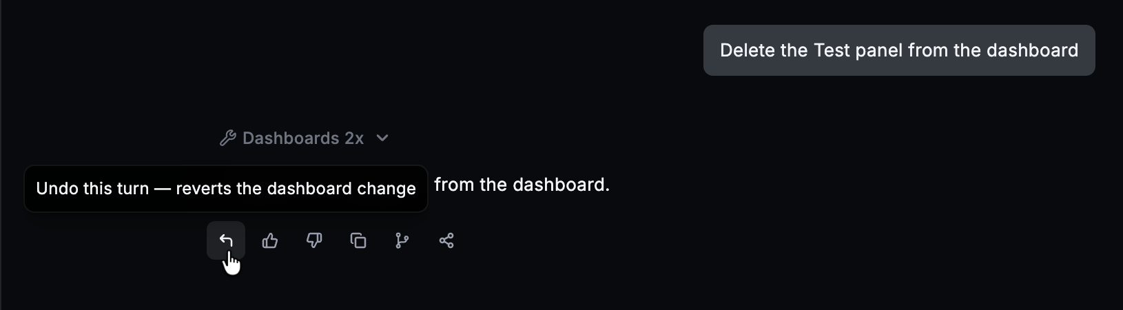 Grafana Assistant undo button with a tooltip explaining that it reverts the dashboard change