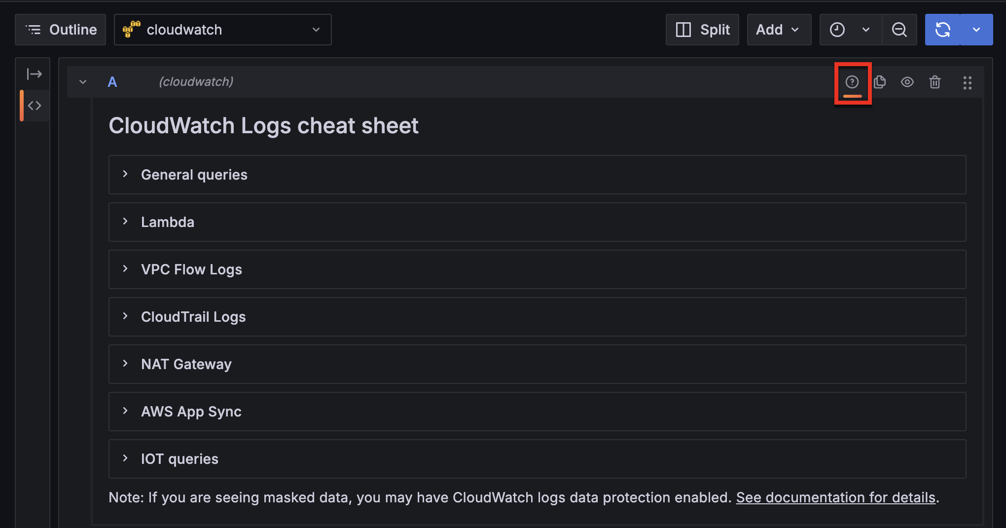 CloudWatch Logs cheat sheet with help icon highlighted