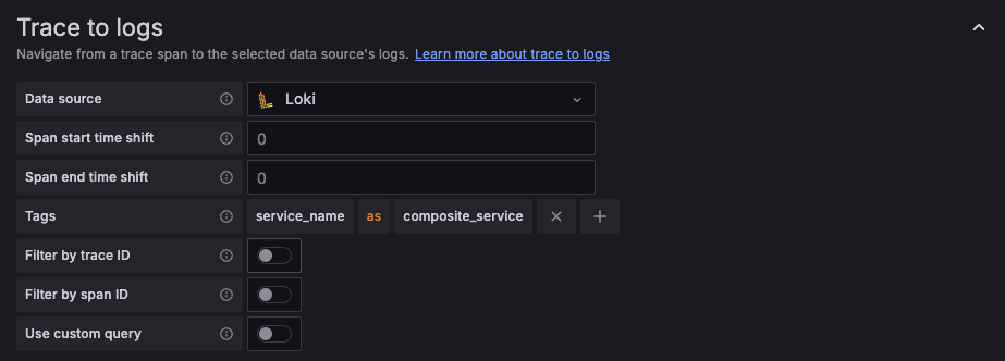 Trace to logs settings