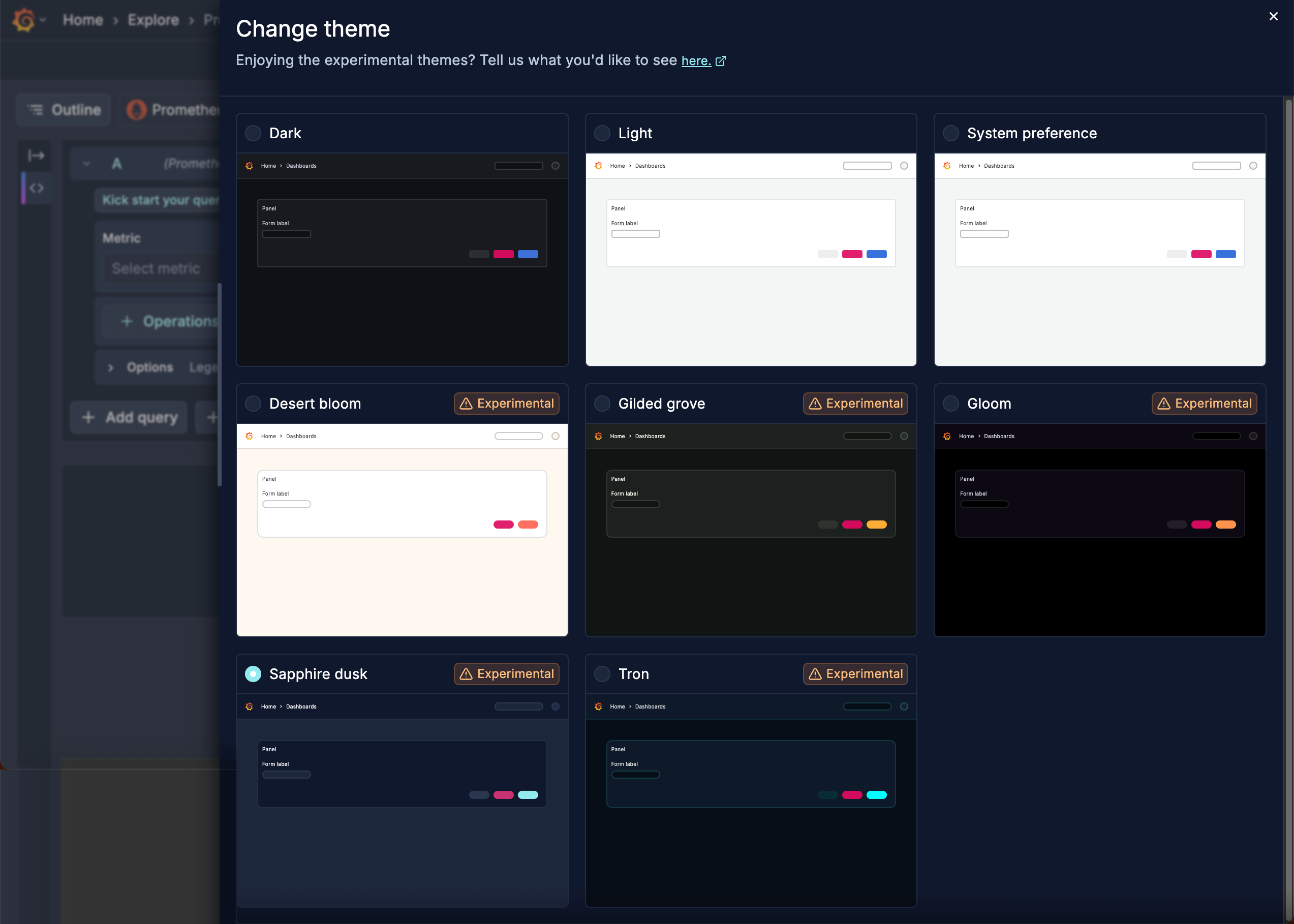 Open theme drawer with Sapphire dusk selected