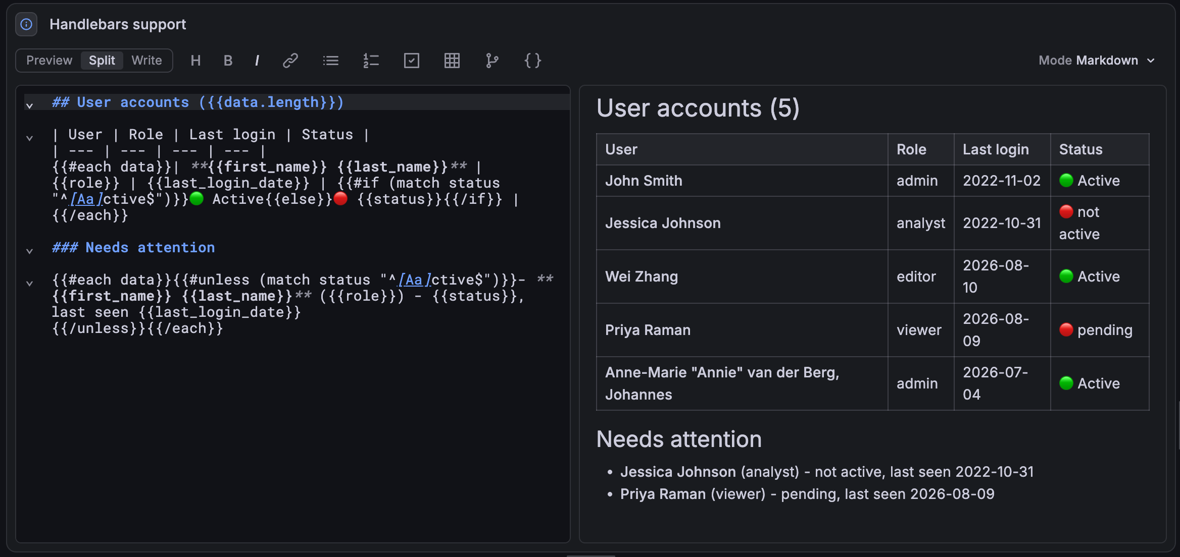 Text visualization with Handlebars support