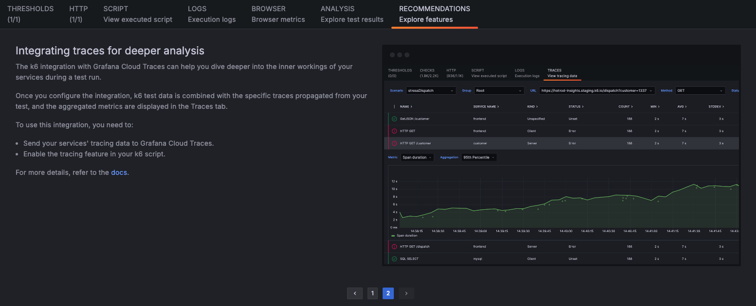 Test Results view - Recommendations tab