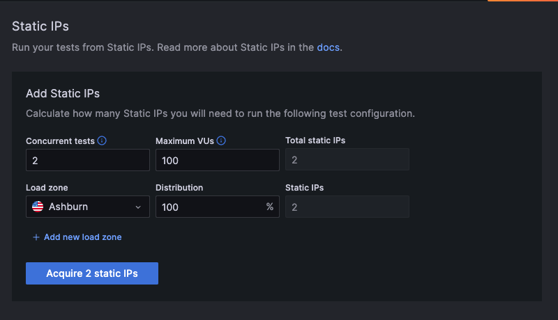 The Add Static IPs calculator configured with two concurrent tests and one hundred maximum VUs, giving the user a result of two static IPs recommended for purchase
