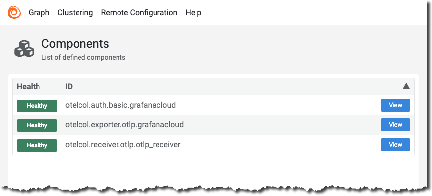 Grafana Alloy web interface showing the status of components including the otelcol.receiver.otlp, otelcol.processor.batch, and otelcol.exporter.otlp components.