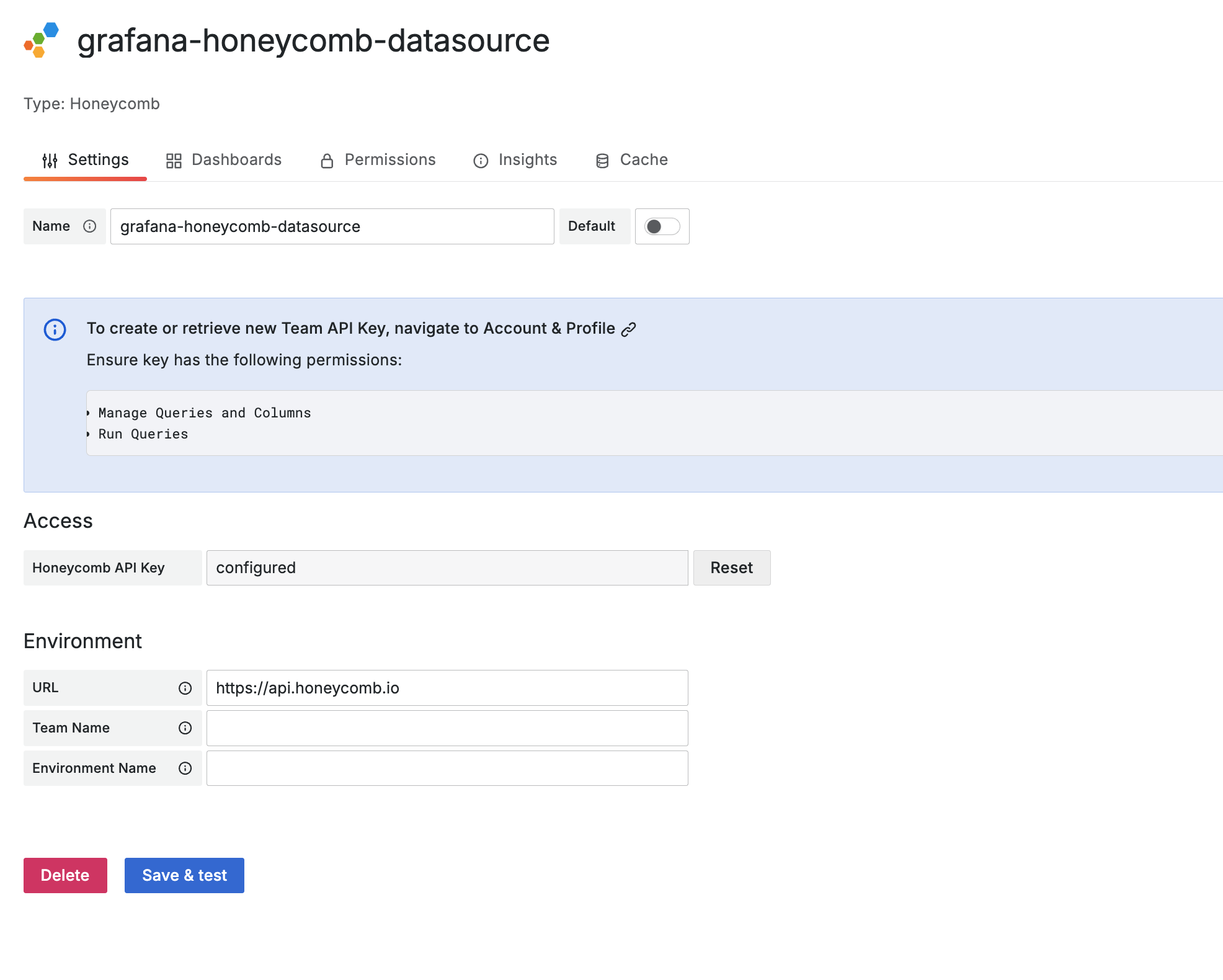 Honeycomb data source configuration settings Honeycomb data source configuration settings