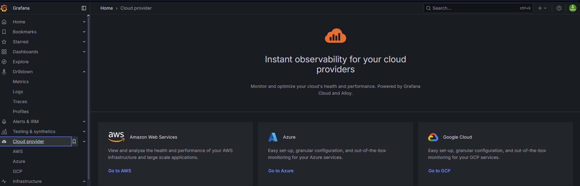 Grafana Cloud Provider Observability menu