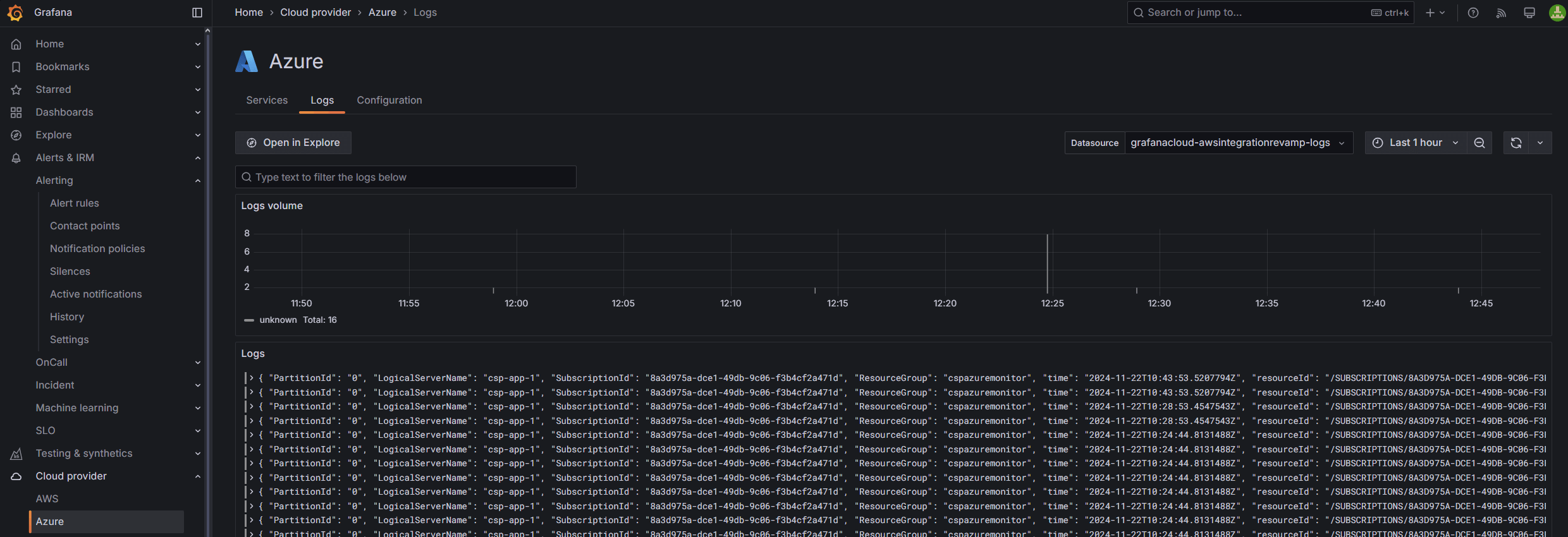 Dedicated logs view for Microsoft Azure services in Grafana Cloud