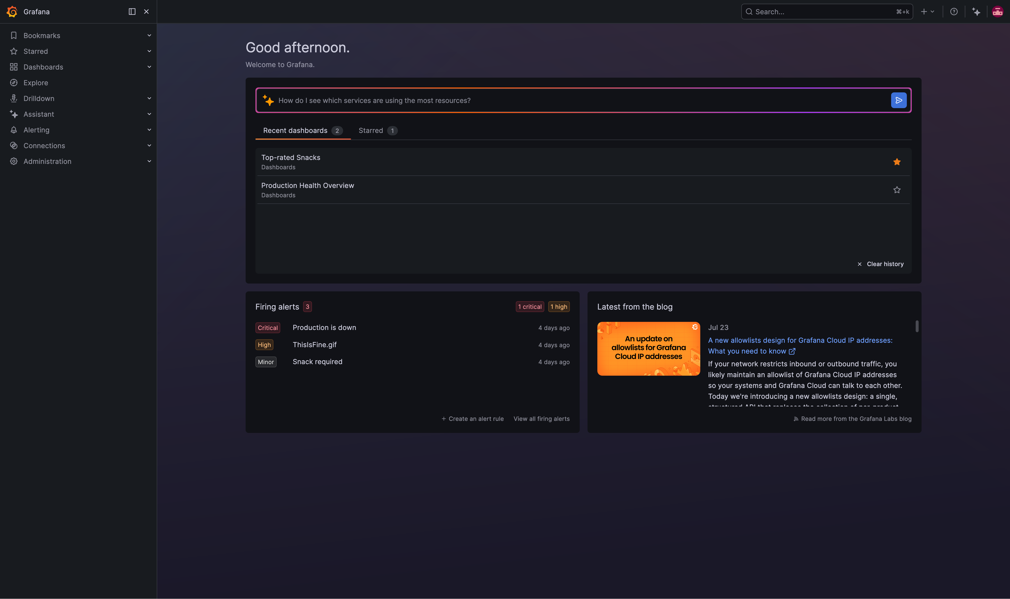 Screenshot of the revamped homepage for Grafana.