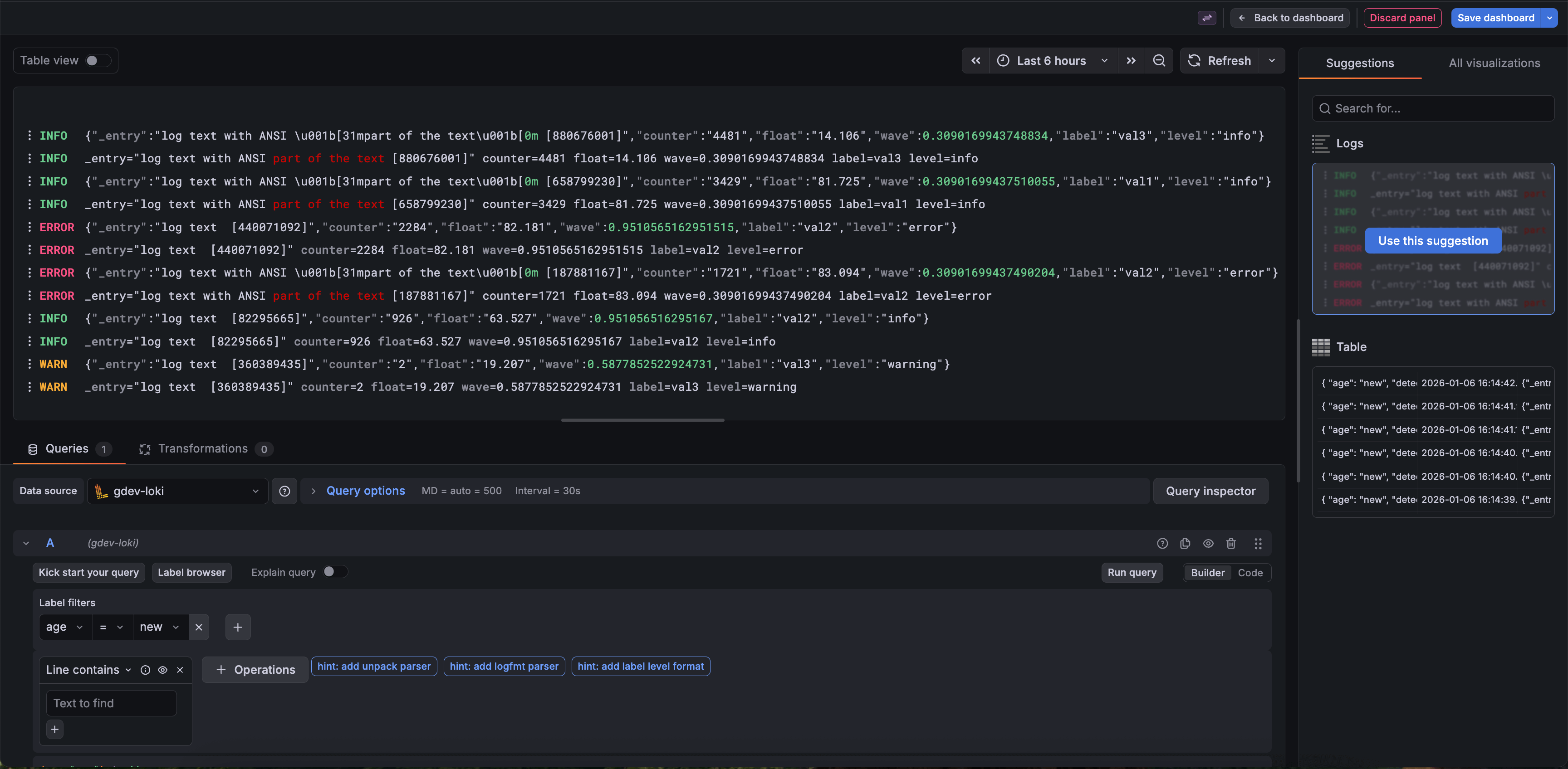 Example of visualization suggestions for Loki datasource, with logs as the top option