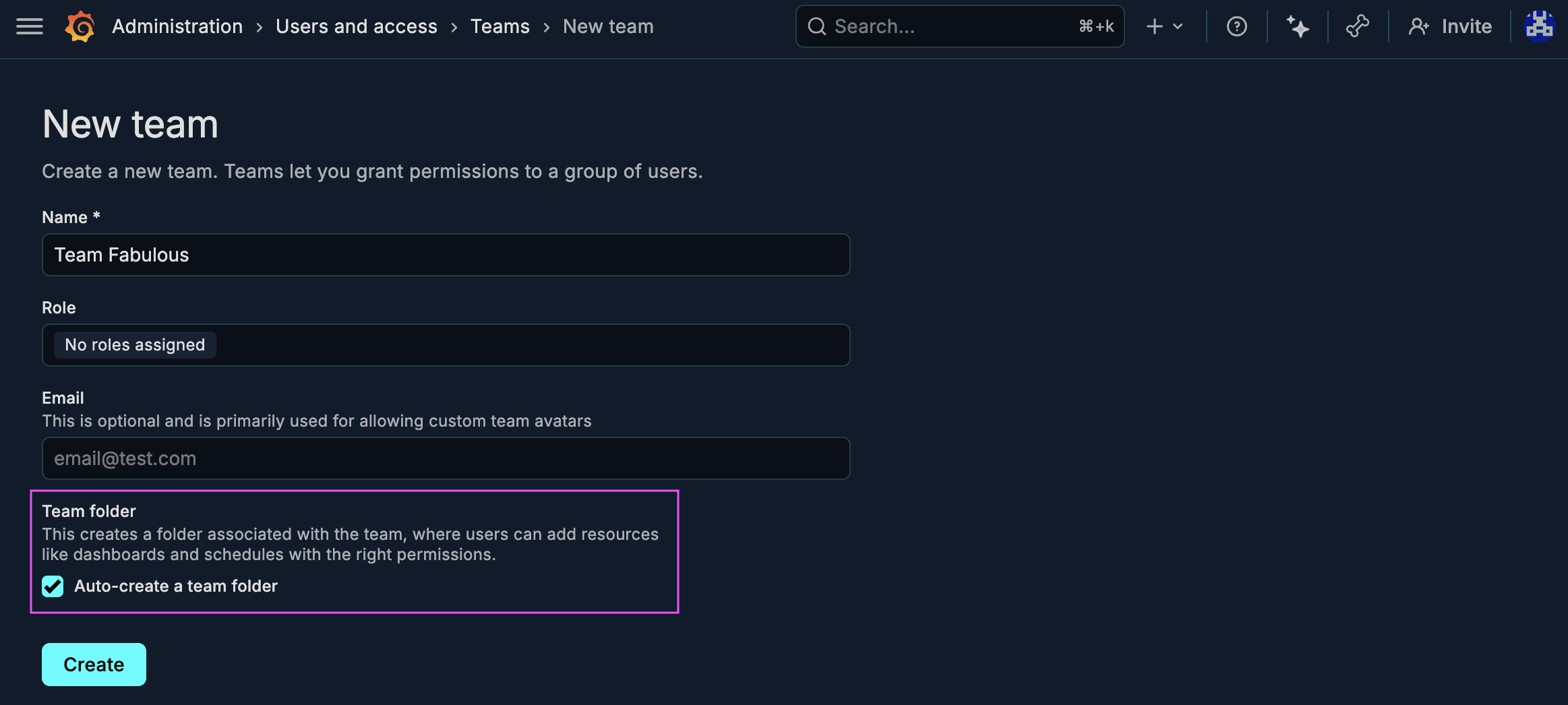 New team page with the Team folder section visible and Auto-create a team folder selected.