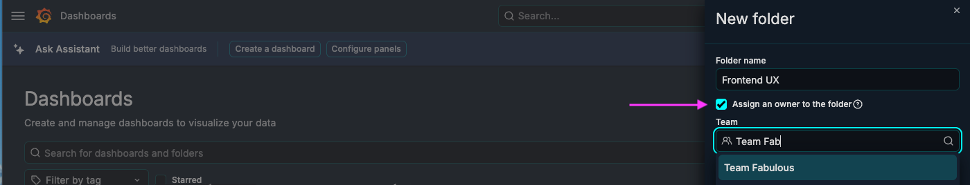 New folder drawer with Assign an owner to the folder enabled and a team selected in the Team field.