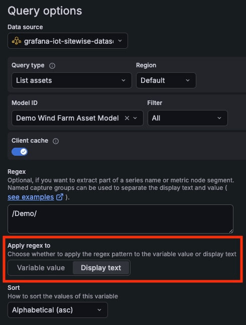 Apply regex to toggle in the template variable query options form.
