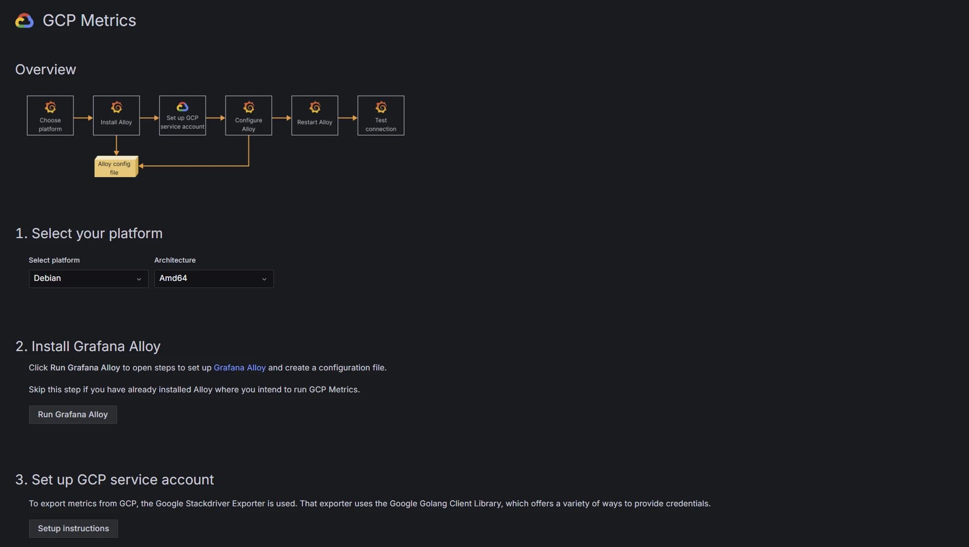 GCP metrics page in the Grafana Cloud UI
