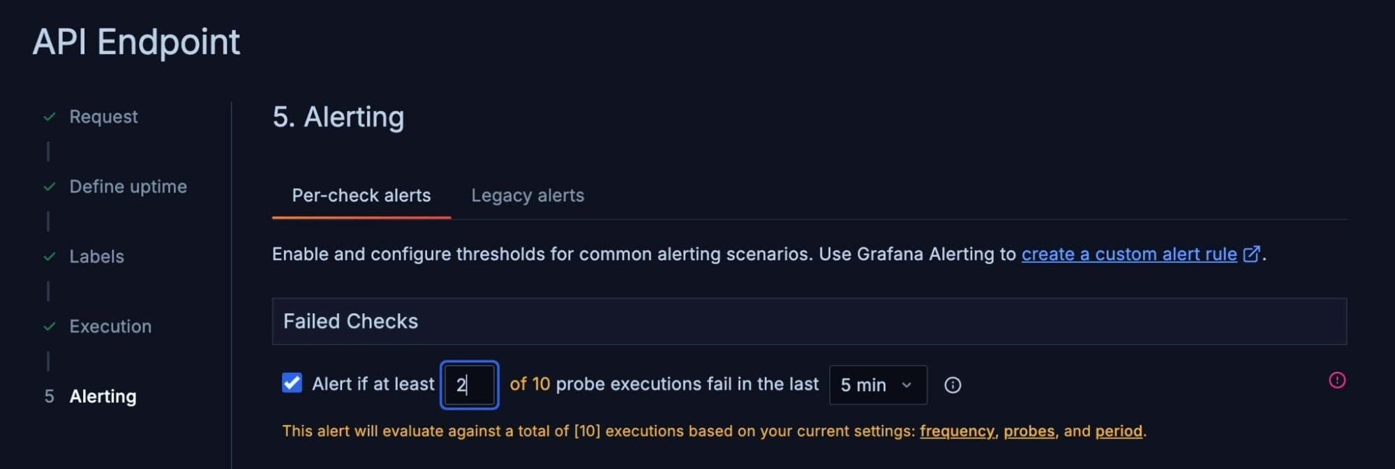 A Grafana Cloud interface showing API endpoint options for alert configuration and execution frequency.