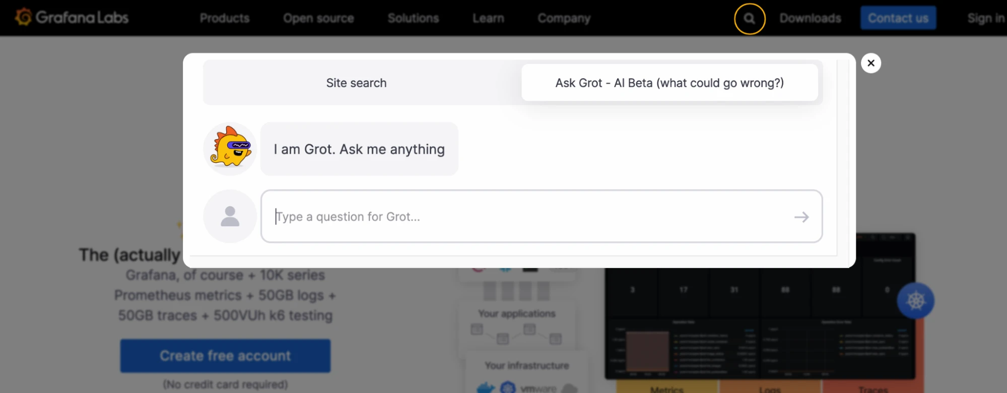 A screenshot shows the Ask Grot box pop up on the Grafana homepage