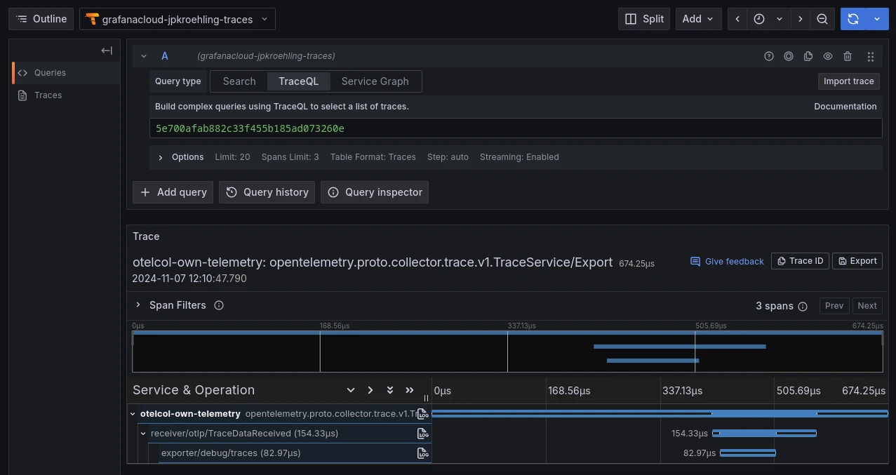 A screenshot of a TraceQL query in Grafana Cloud