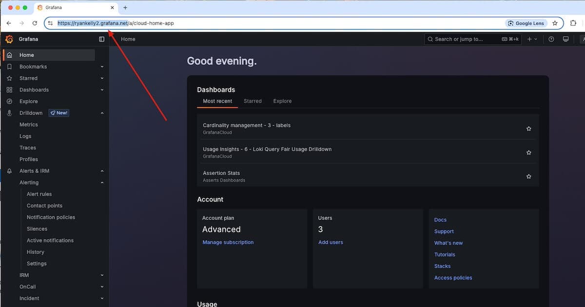 A screenshot of a Grafana Cloud homepage