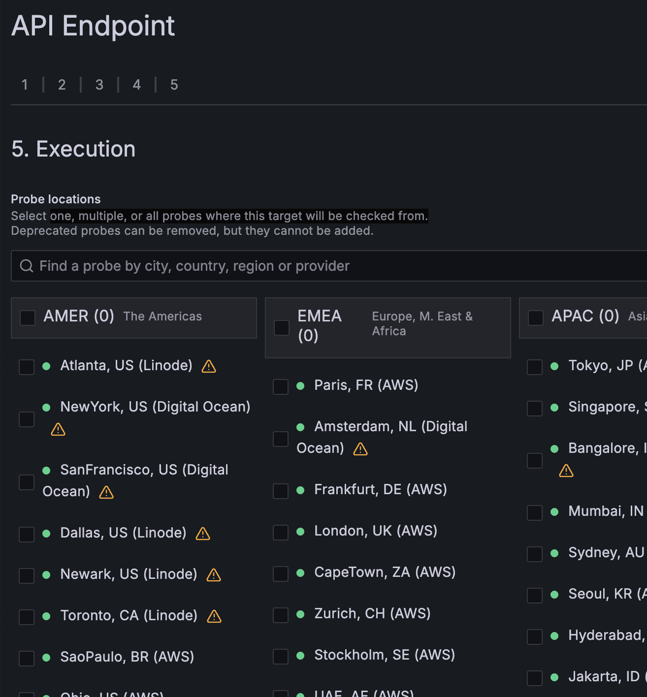 A screenshot showing various probe locations to choose from.