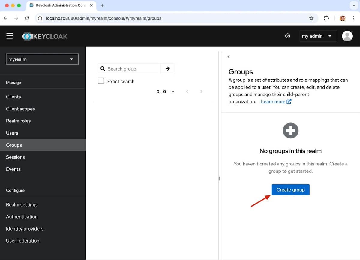 A screenshot of a Keycloak window to create Groups