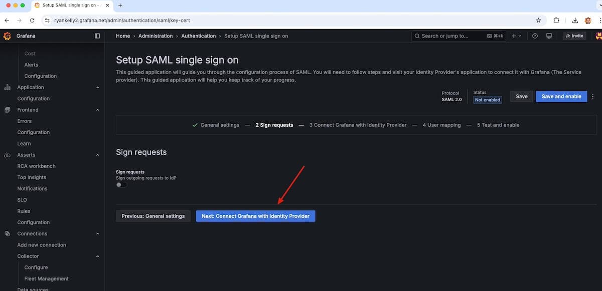 A screenshot of the Setup SAML single sign on window in Grafana Cloud with an arrow pointing to the Next button
