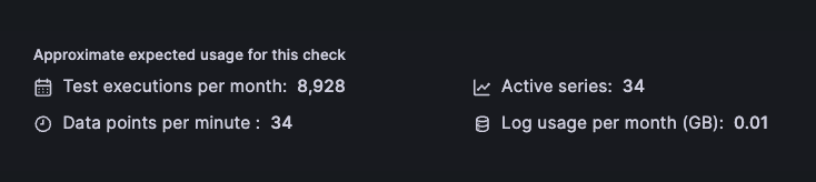 The Synthetic Monitoring calculator in the Grafana Cloud Edit check page, showing the approximate usage for a check