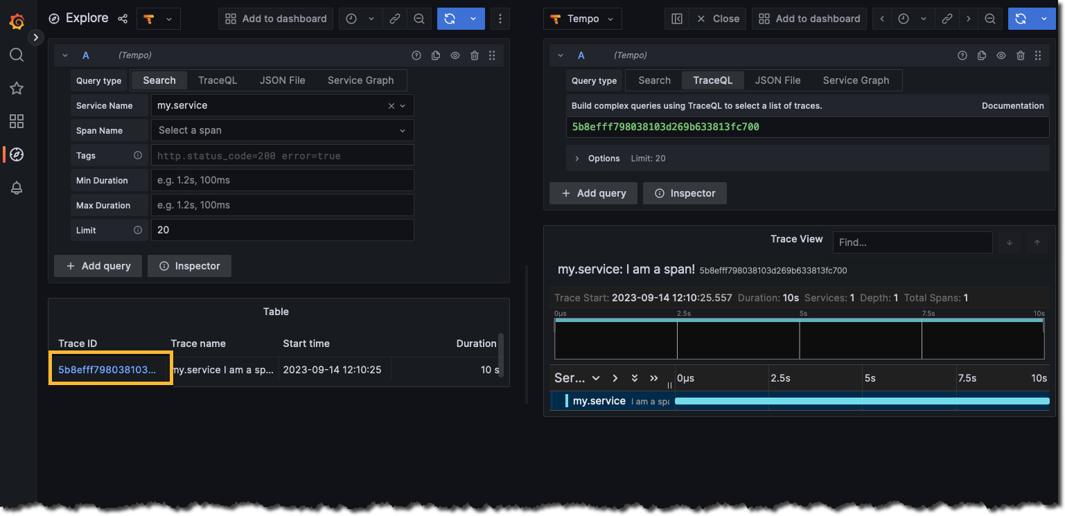 Using the TraceQL query builder on Explore to view pushed trace in Grafana.